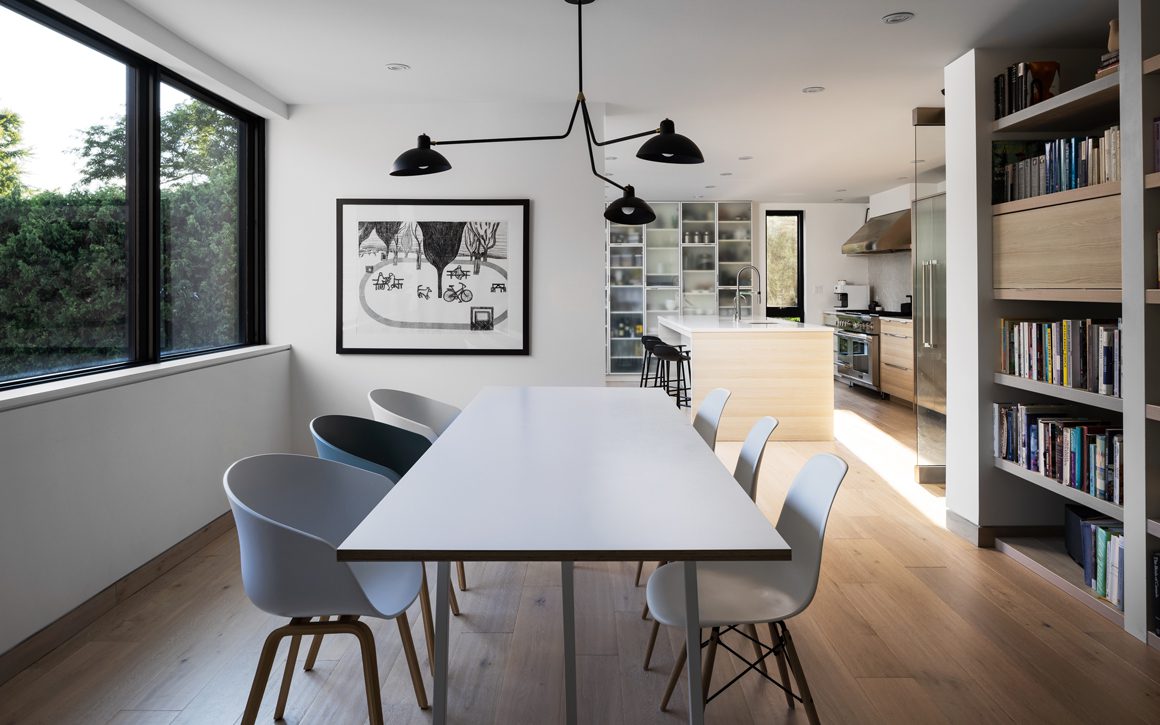 Interior dining room, library kitchen of MCM house